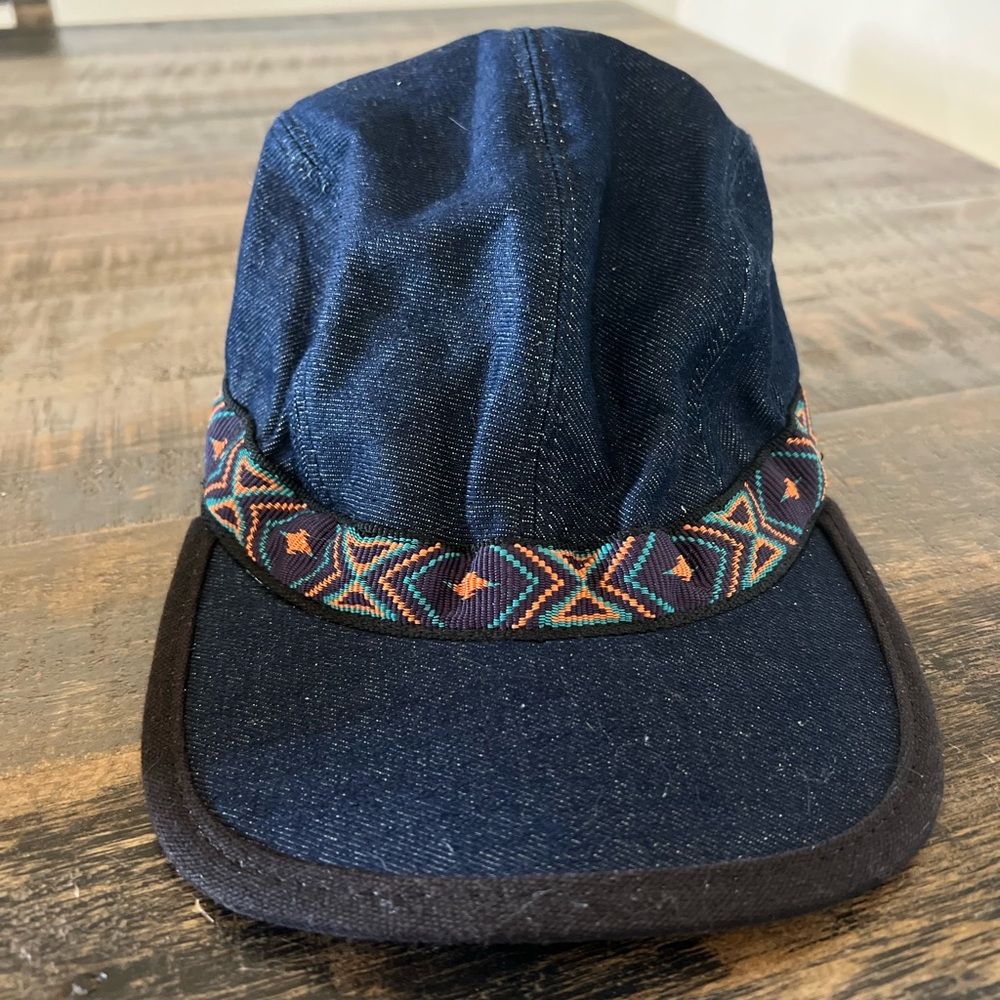 Dark Blue Denim Cap with Structured Crown and Colorful Decorative Band